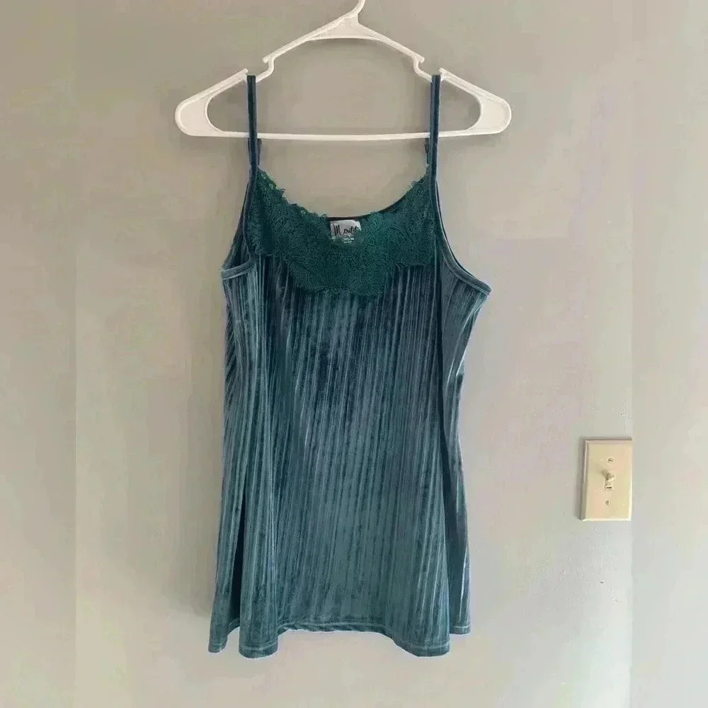 Woman’s Meritt Teal Velvet Lace Spaghetti Strap Plus Tank Top Size 1XL
